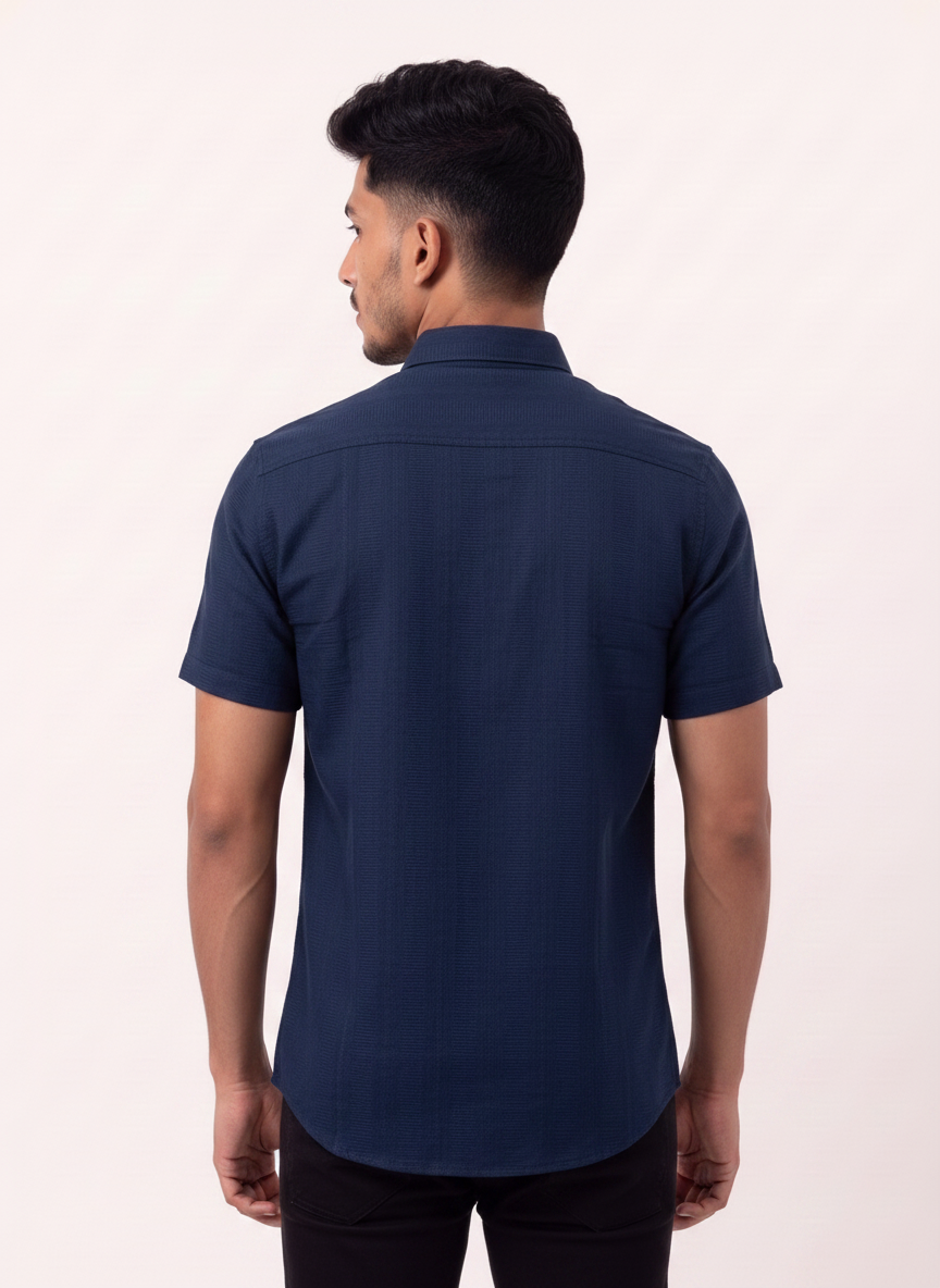 Slim Fit Cotton Plain S/S Shirt - Navy Blue