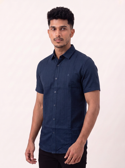 Slim Fit Cotton Plain S/S Shirt - Navy Blue