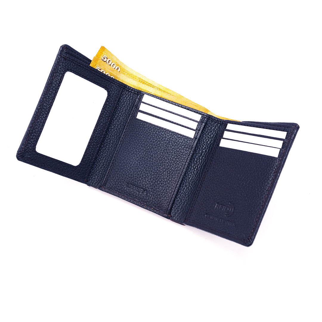 Genuine Leather RFID Tri Fold Wallet - Navy Blue