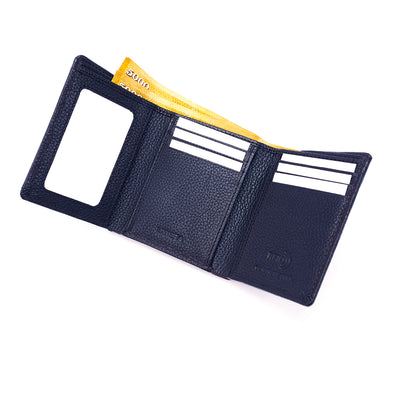 Genuine Leather RFID Tri Fold Wallet - Navy Blue