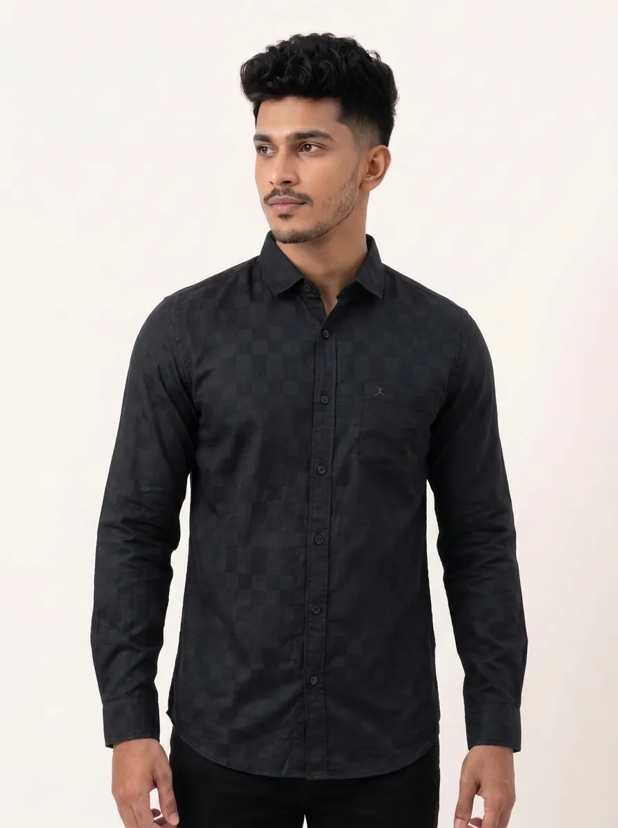 Slim Fit Cotton Plain L/S Shirt - Navy Blue