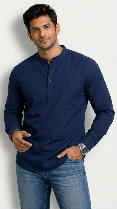 Slim Fit Cotton Linen Plain L/S Half Kurta