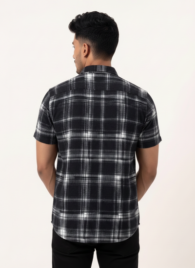 Slim Fit Cotton Printed Check S/S Shirt - Navy Blue