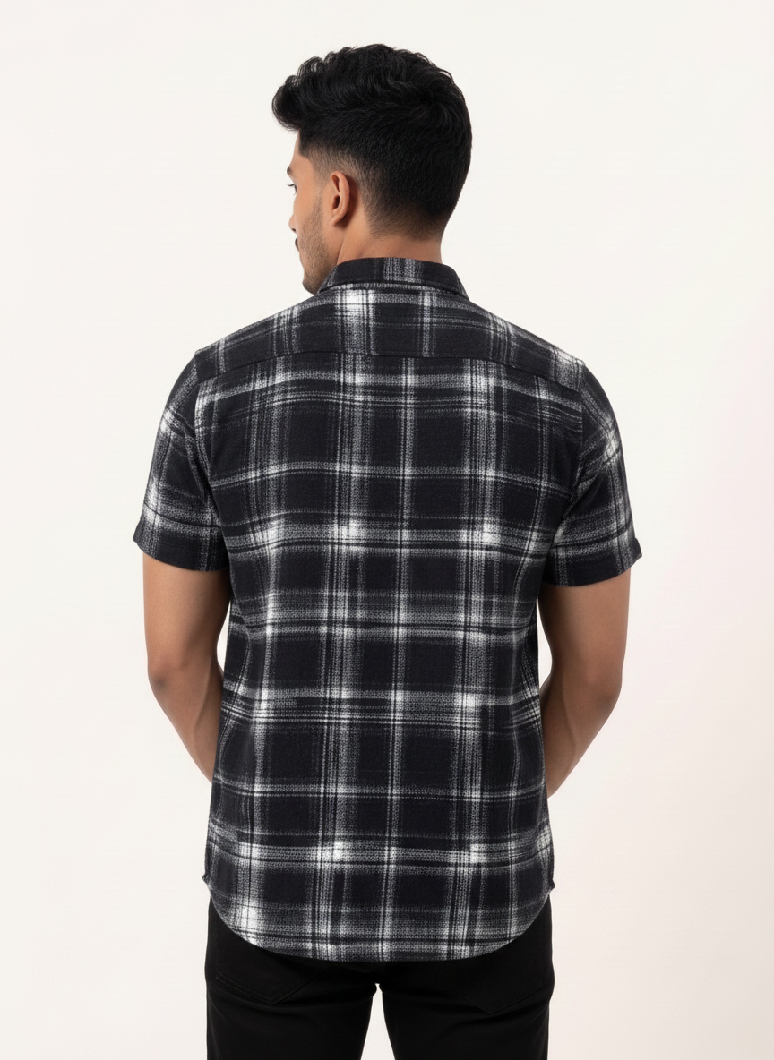 Slim Fit Cotton Printed Check S/S Shirt - Navy Blue