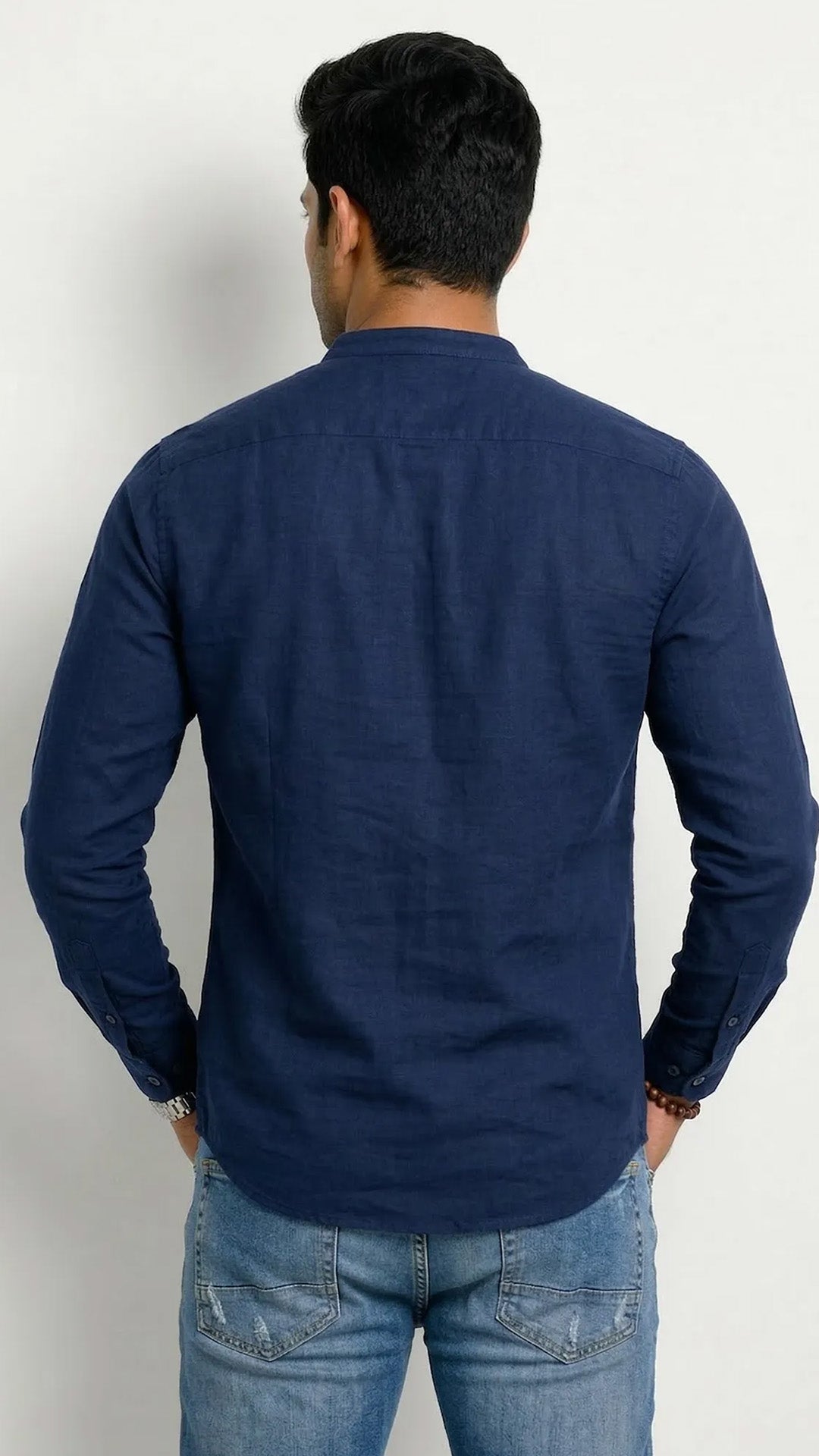 Slim Fit Cotton Linen Plain L/S Half Kurta
