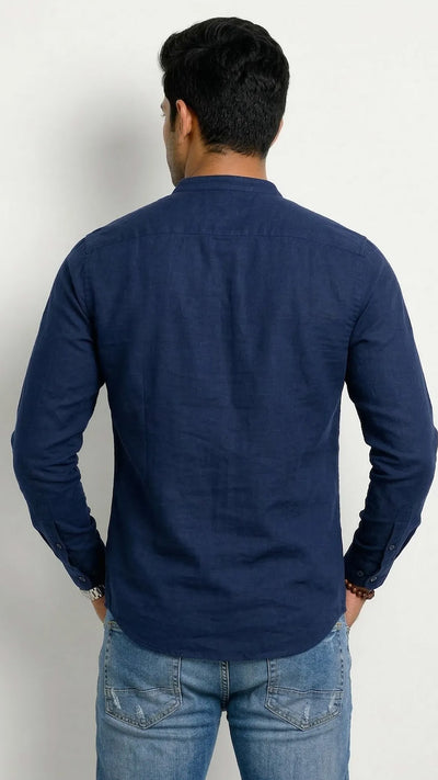 Slim Fit Cotton Linen Plain L/S Half Kurta