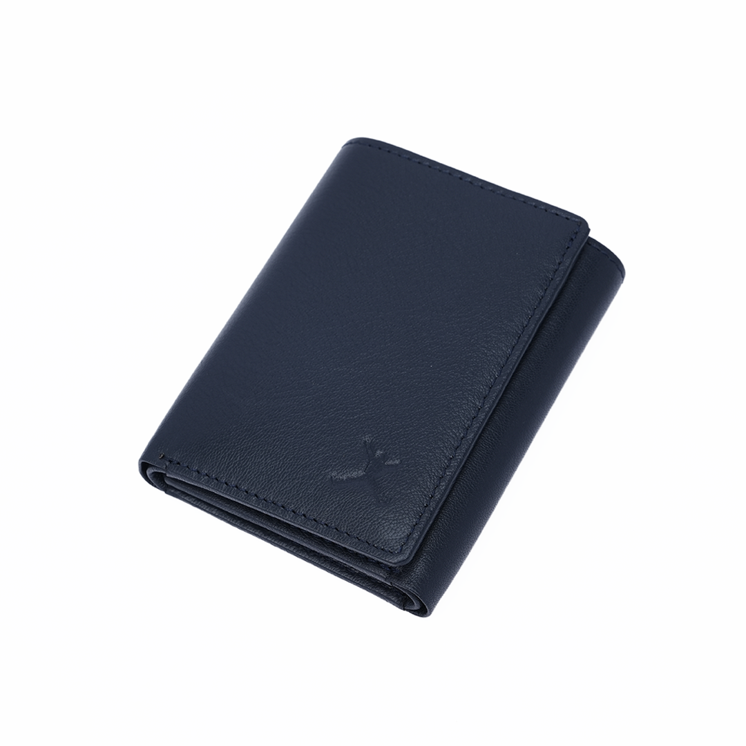 Genuine Leather RFID Tri Fold Wallet - Navy Blue