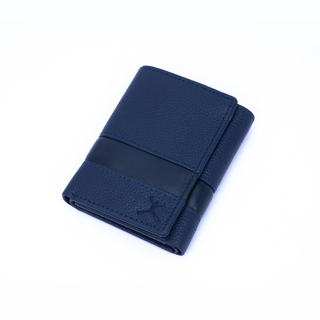 Genuine Leather RFID Tri Fold Wallet - Navy Blue