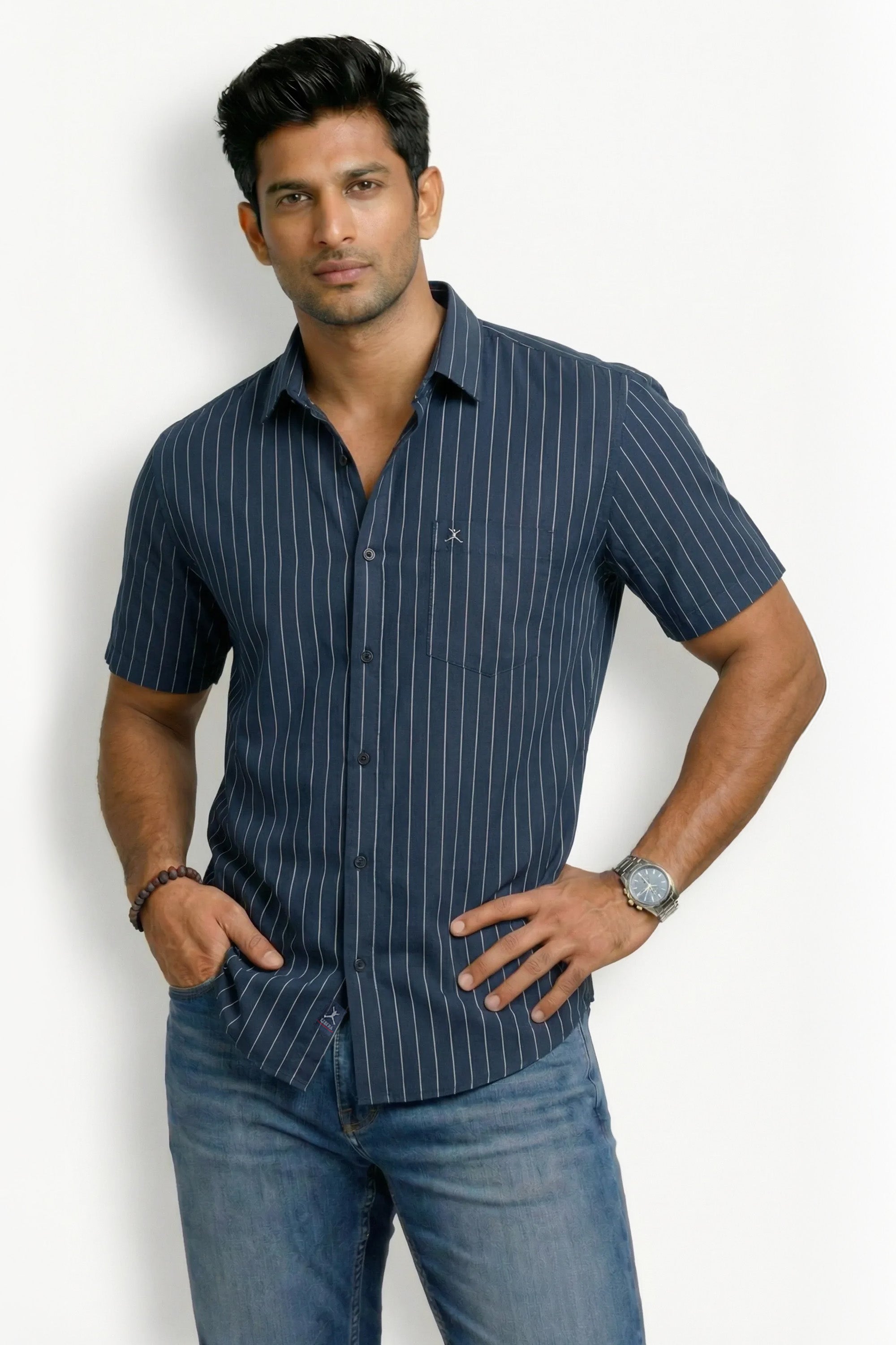 Slim Fit Cotton Linen Stripes S/S Shirt