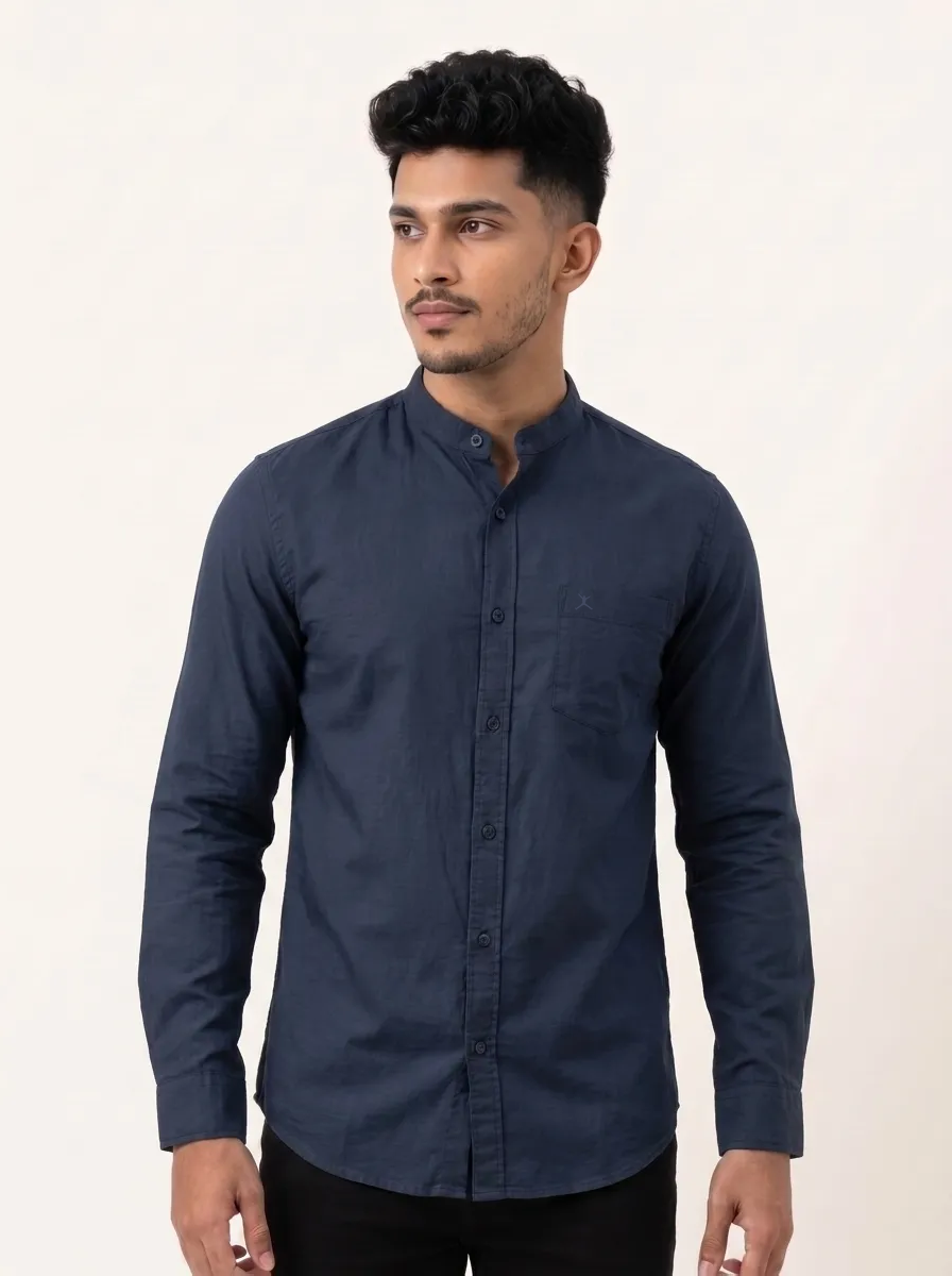 Slim Fit Cotton Plain Shirt L/S - Navy