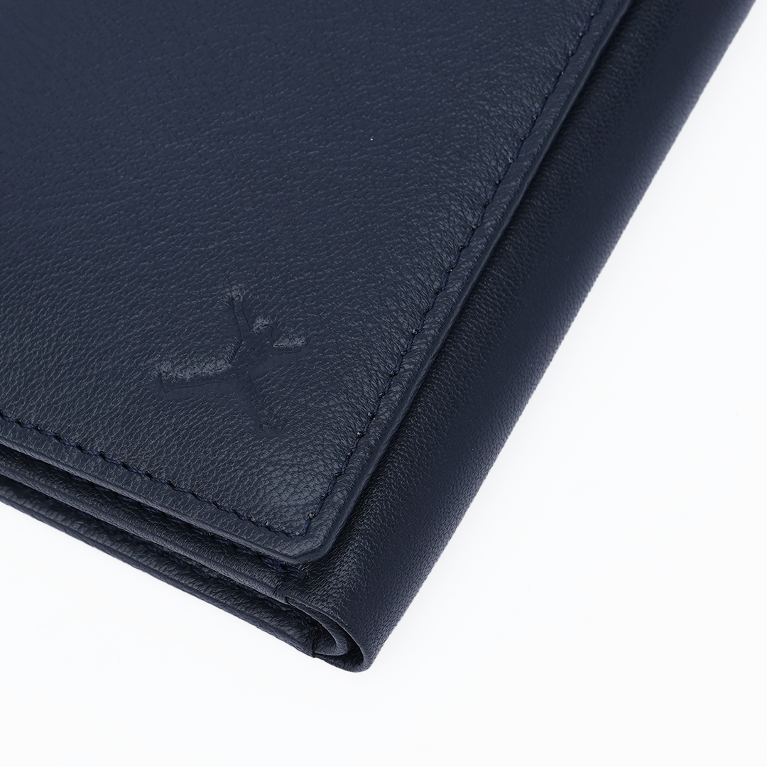 Genuine Leather RFID Tri Fold Wallet - Navy Blue