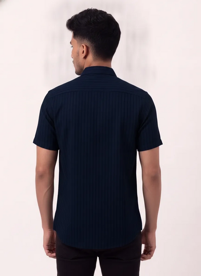 Slim Fit Cotton Linen Stripes S/S Shirt - Navy Blue