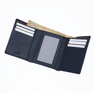 Genuine Leather RFID Tri Fold Wallet - Navy Blue