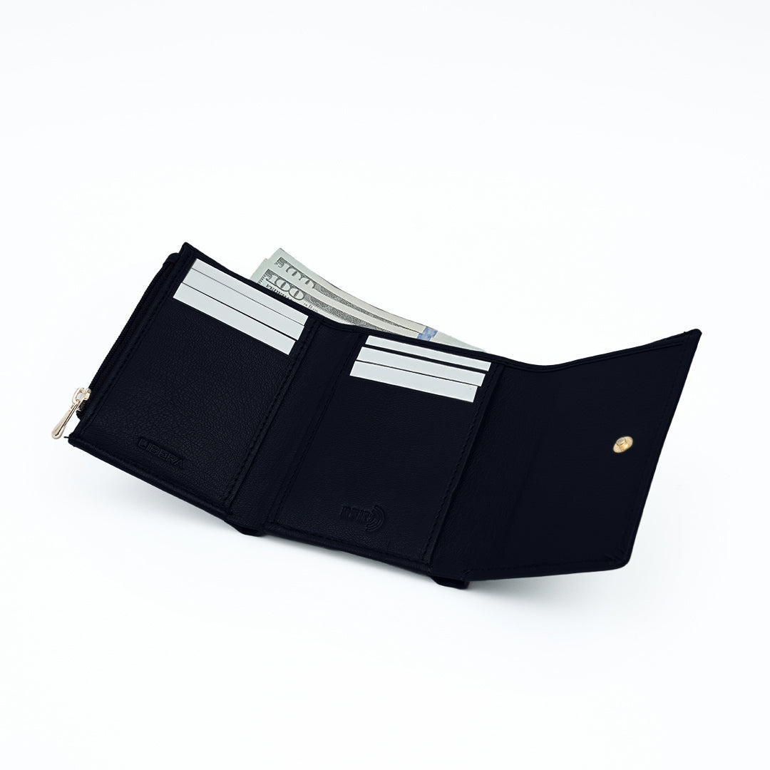 Italian Leather Ladies Tri Fold Wallet - Navy Blue