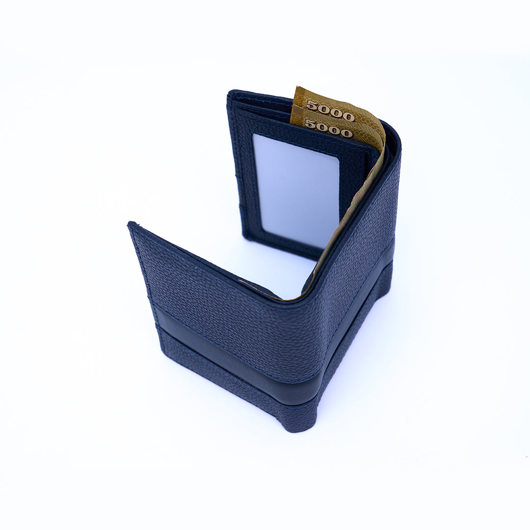 Genuine Leather RFID Tri Fold Wallet - Navy Blue