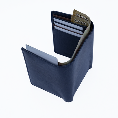 Genuine Leather RFID Tri Fold Wallet - Navy Blue