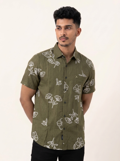Slim Fit Cotton Floral Printed S/S Shirt - Olive Green