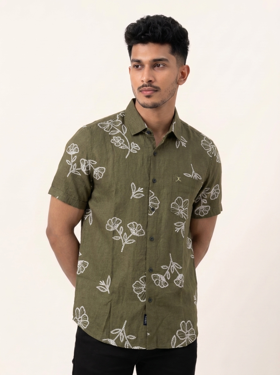 Slim Fit Cotton Floral Printed S/S Shirt - Olive Green