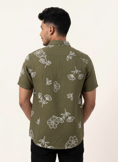 Slim Fit Cotton Floral Printed S/S Shirt - Olive Green