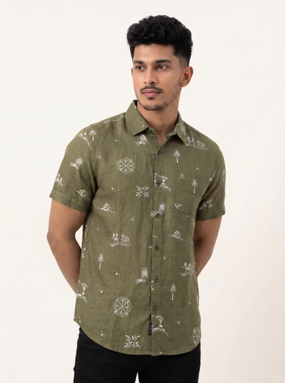 Slim Fit Cotton Leaf Printed S/S Shirt - Olive Green