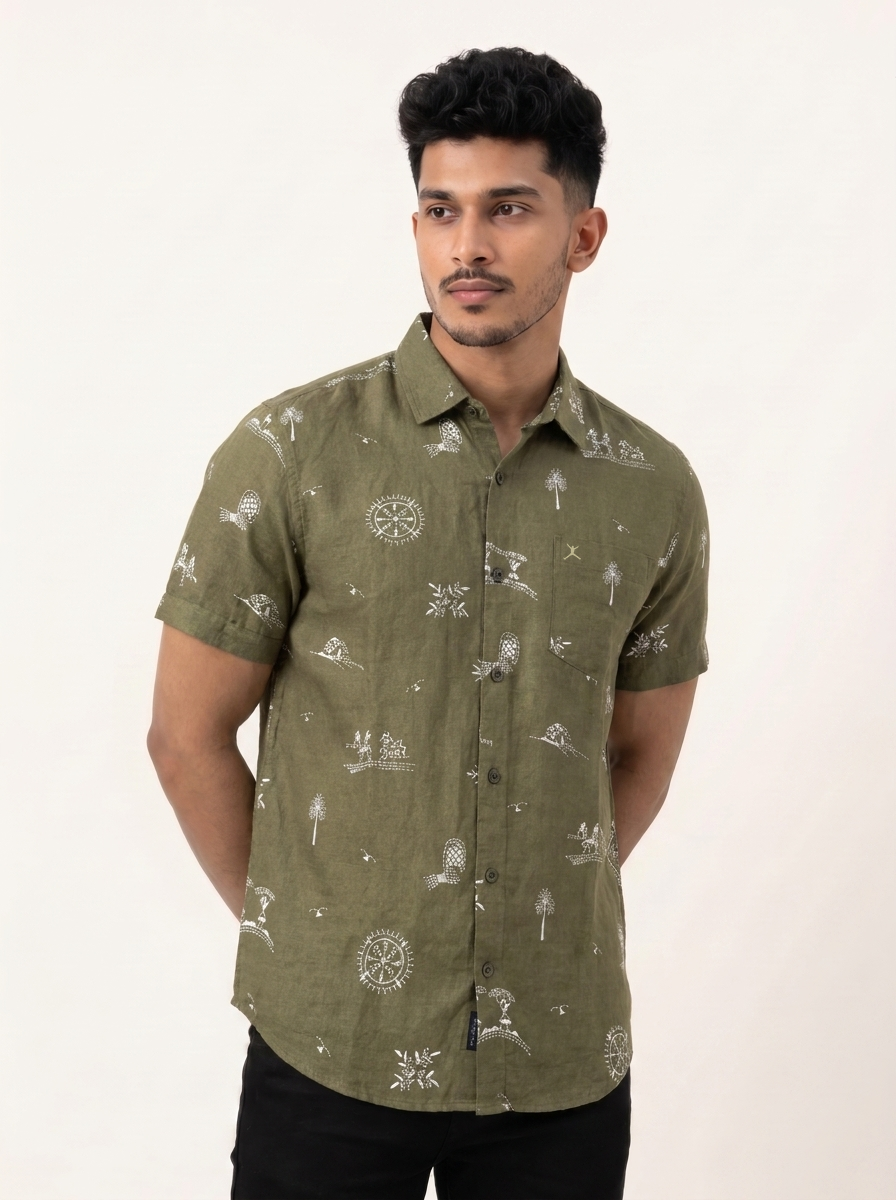 Slim Fit Cotton Leaf Printed S/S Shirt - Olive Green