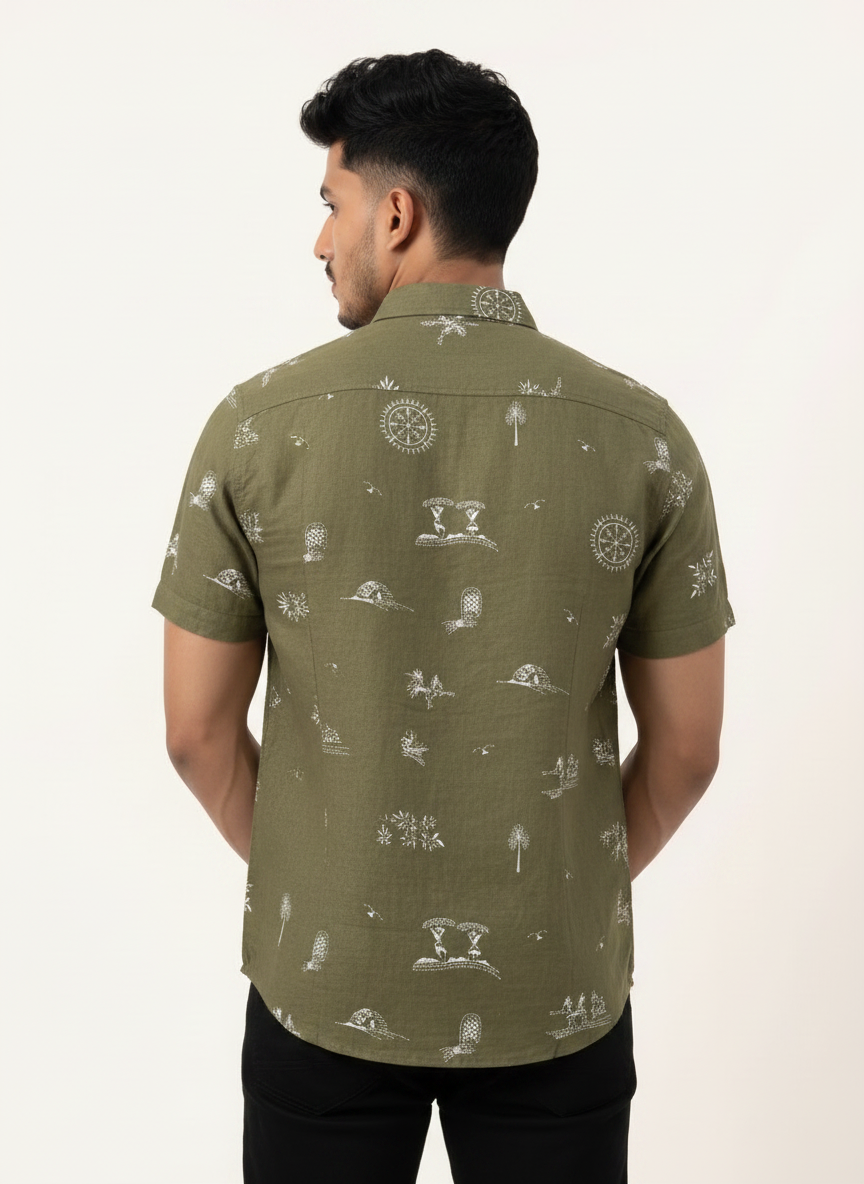 Slim Fit Cotton Leaf Printed S/S Shirt - Olive Green