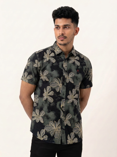 Slim Fit Cotton Printed S/S Shirt - Olive Green