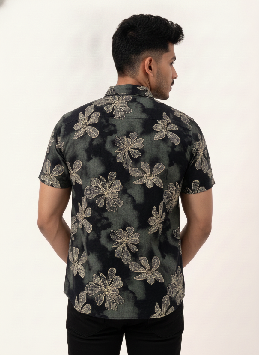 Slim Fit Cotton Printed S/S Shirt - Olive Green