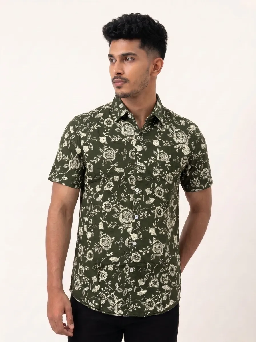 Slim Fit Cotton Printed S/S Shirt - Olive Green