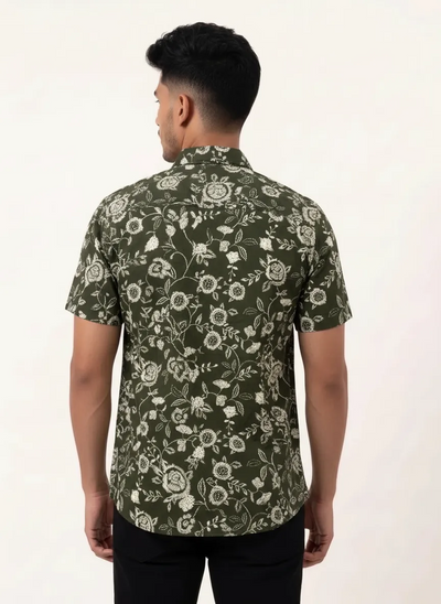 Slim Fit Cotton Printed S/S Shirt - Olive Green