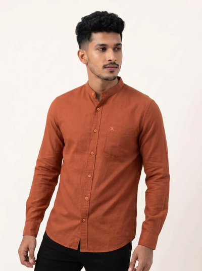 Slim Fit Cotton Linen L/S Shirt - Red