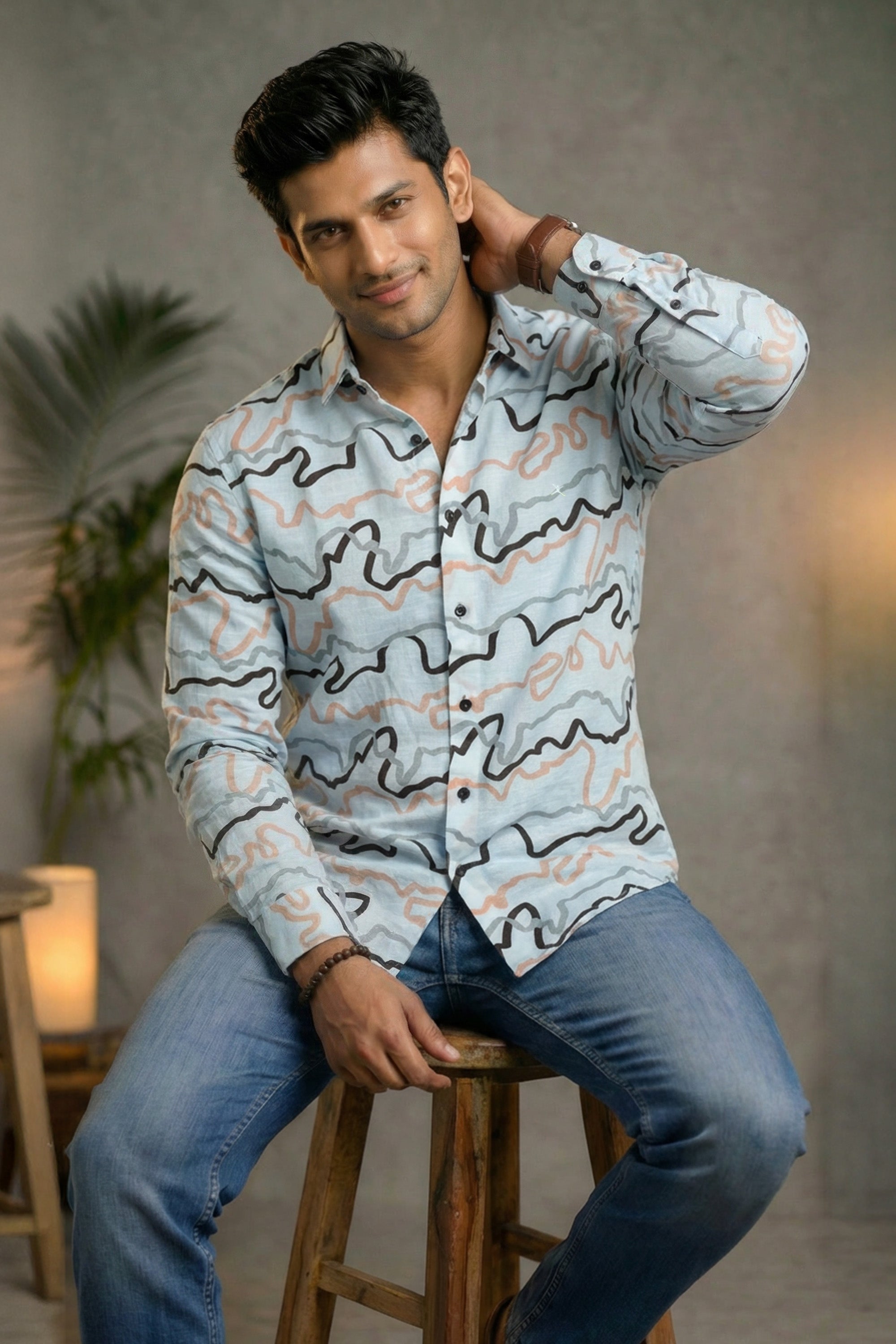 Slim Fit Cotton Linen Printed L/S Shirt