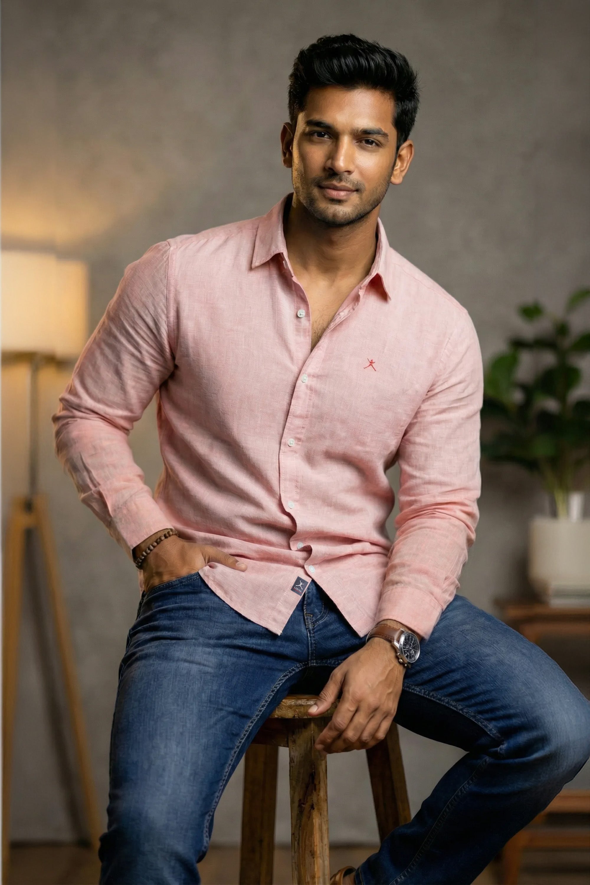 Slim Fit Cotton Linen Plain L/S Shirt