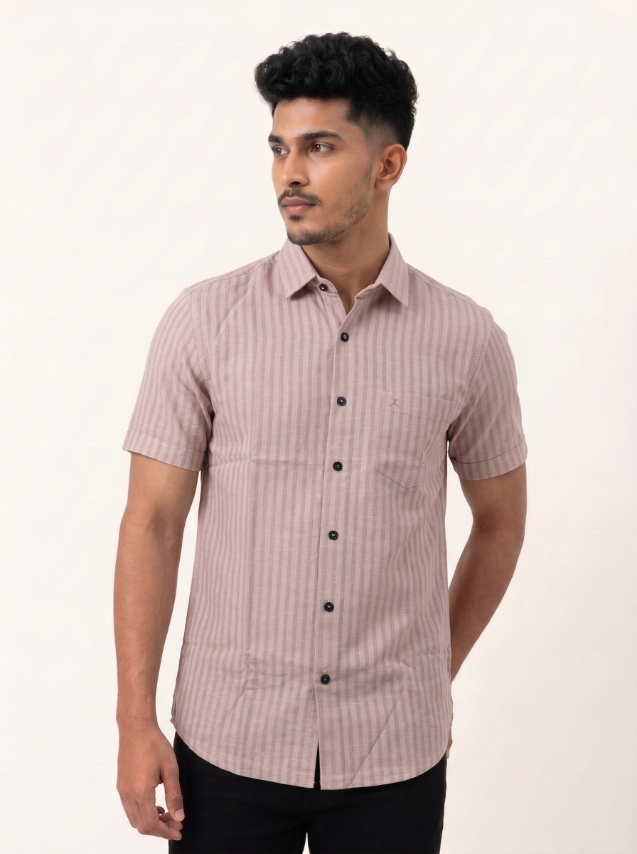Regular Fit Cotton Linen Stripe S/S Shirt - Pink