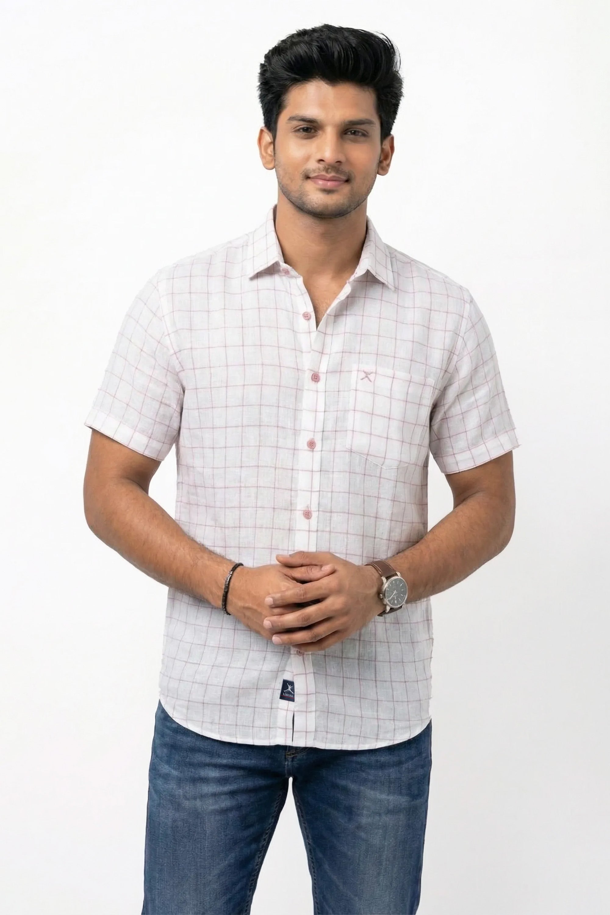 Slim Fit Cotton Linen Checks S/S Shirt