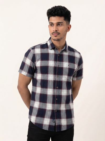 Slim Fit Cotton Checks Shirt S/S - Dark Maroon