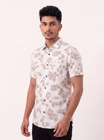 Slim Fit Cotton Fern Printed S/S Shirt - Beige