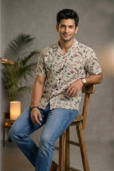 Slim Fit Cotton Linen Printed S/S Shirt
