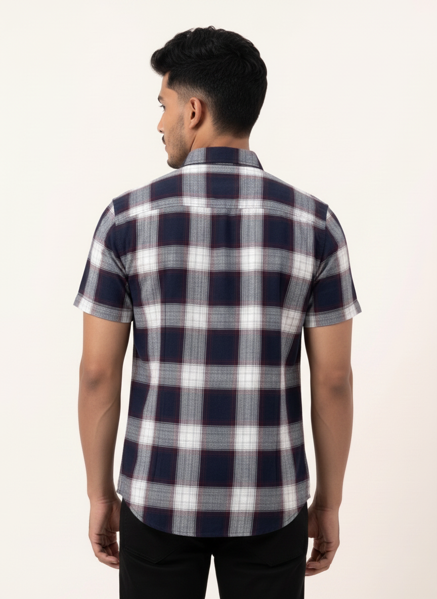 Slim Fit Cotton Checks Shirt S/S - Dark Maroon