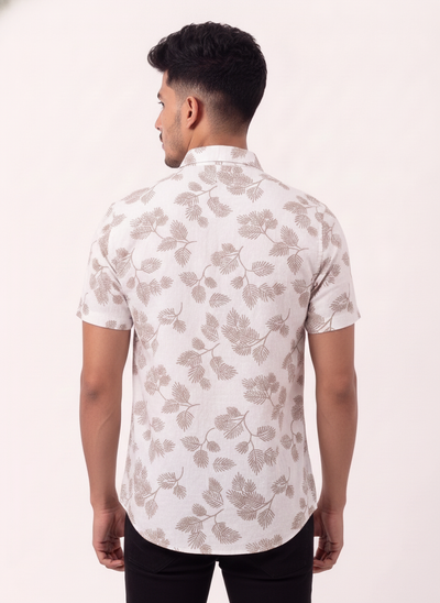 Slim Fit Cotton Fern Printed S/S Shirt - Beige