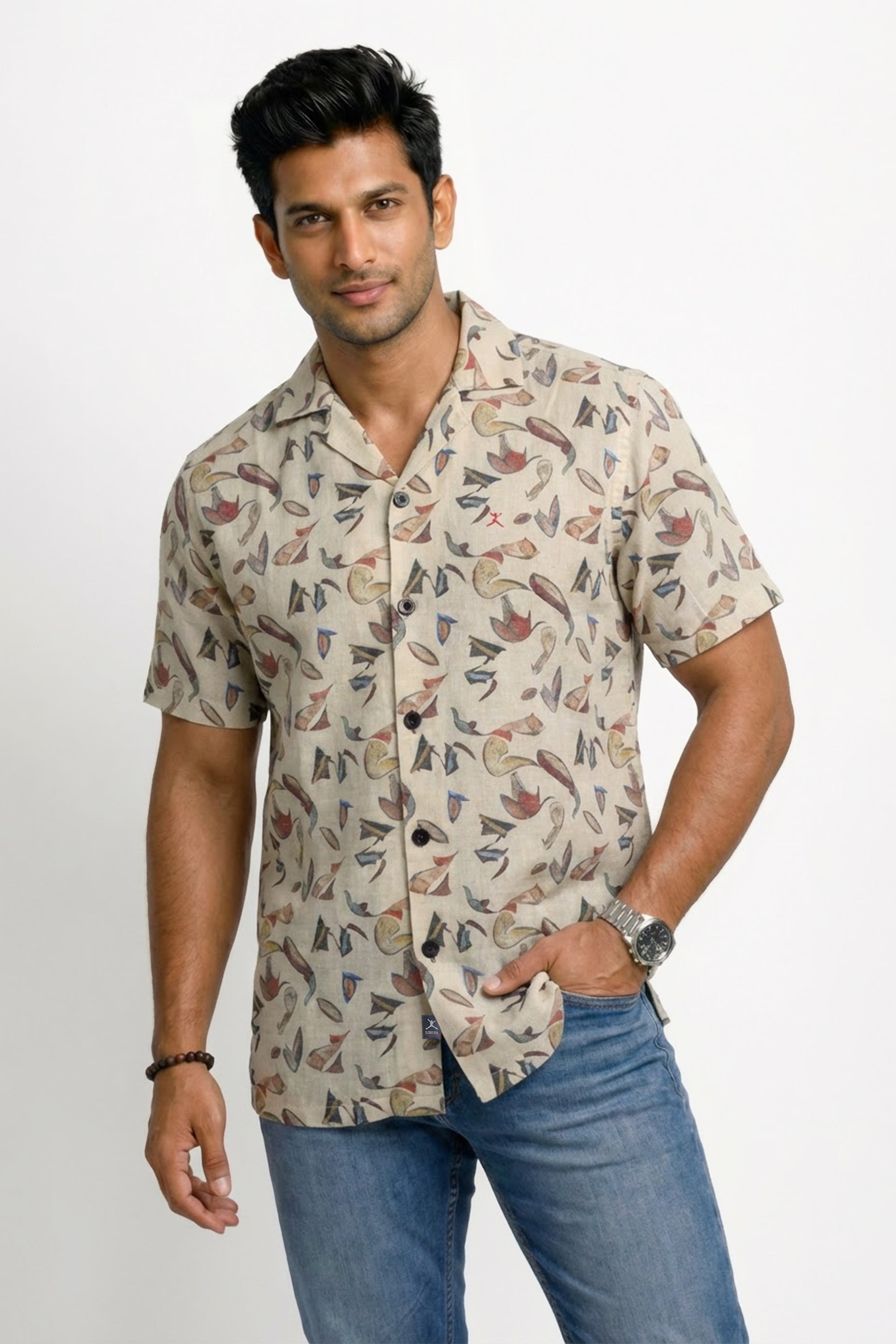 Slim Fit Cotton Linen Printed S/S Shirt