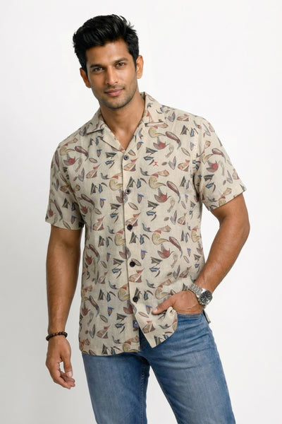 Slim Fit Cotton Linen Printed S/S Shirt