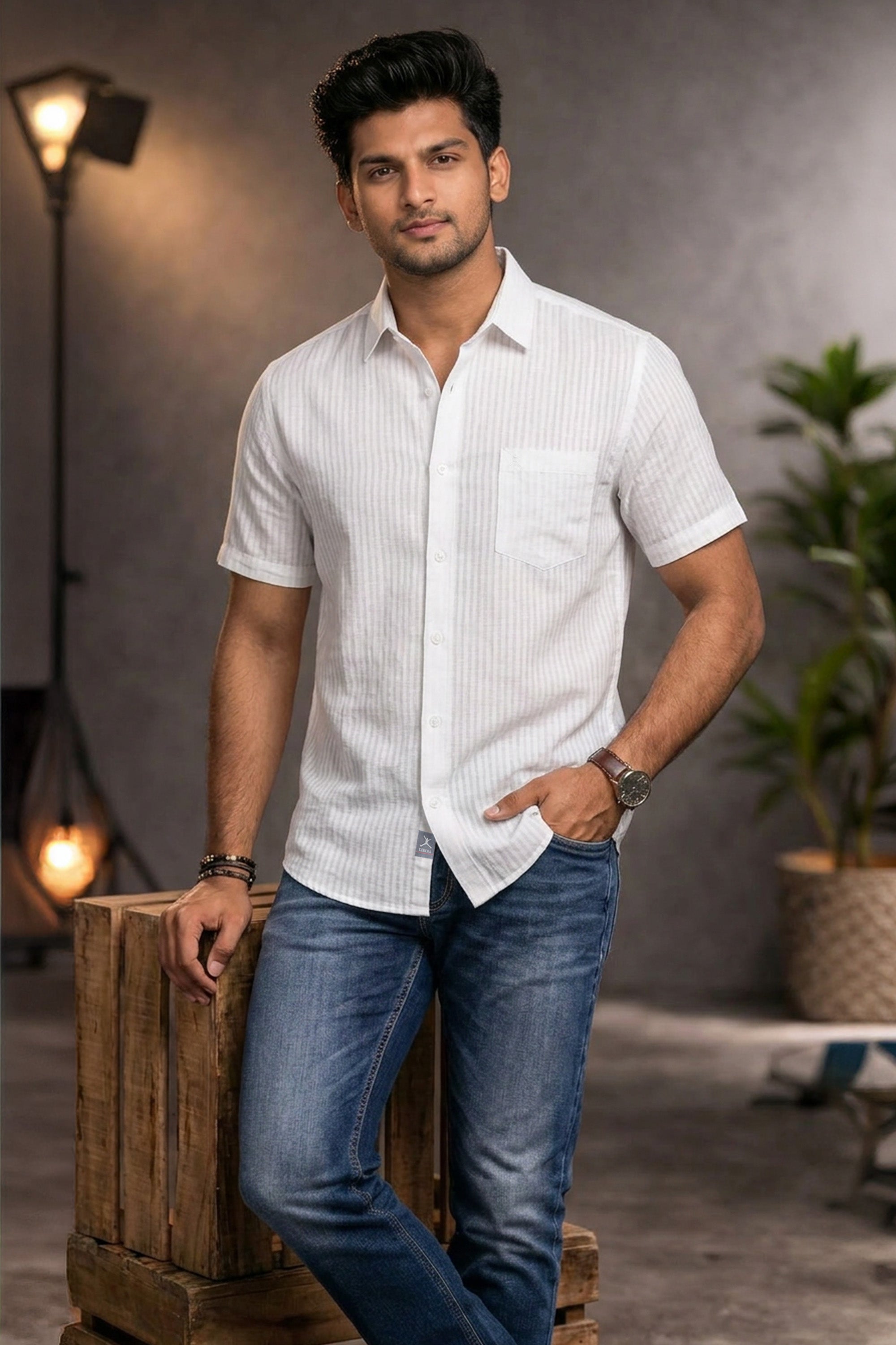 Slim Fit Cotton Linen Stripes S/S Shirt