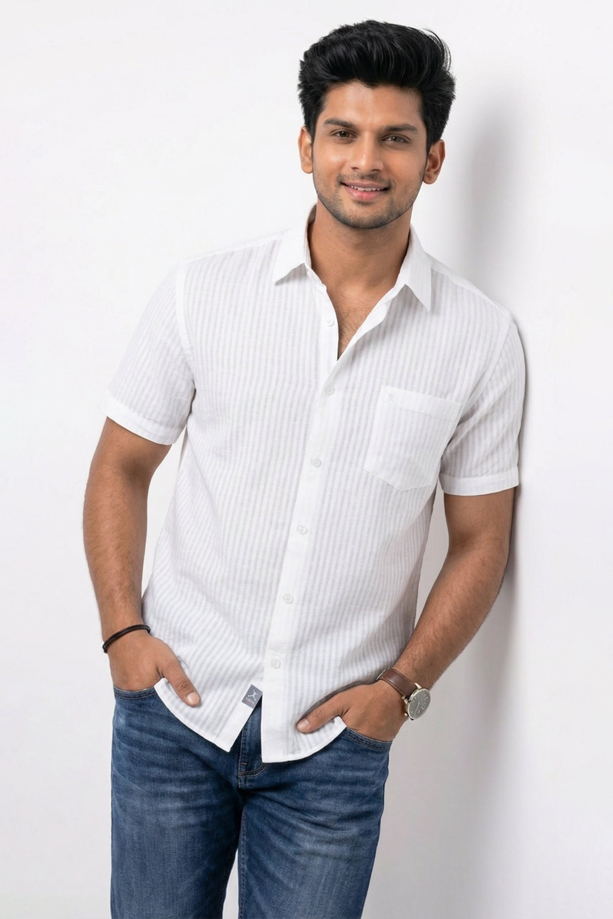 Slim Fit Cotton Linen Stripes S/S Shirt