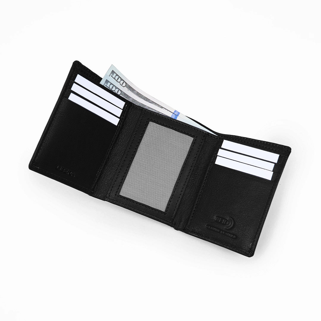 Genuine Leather RFID Tri Fold Wallet - Black