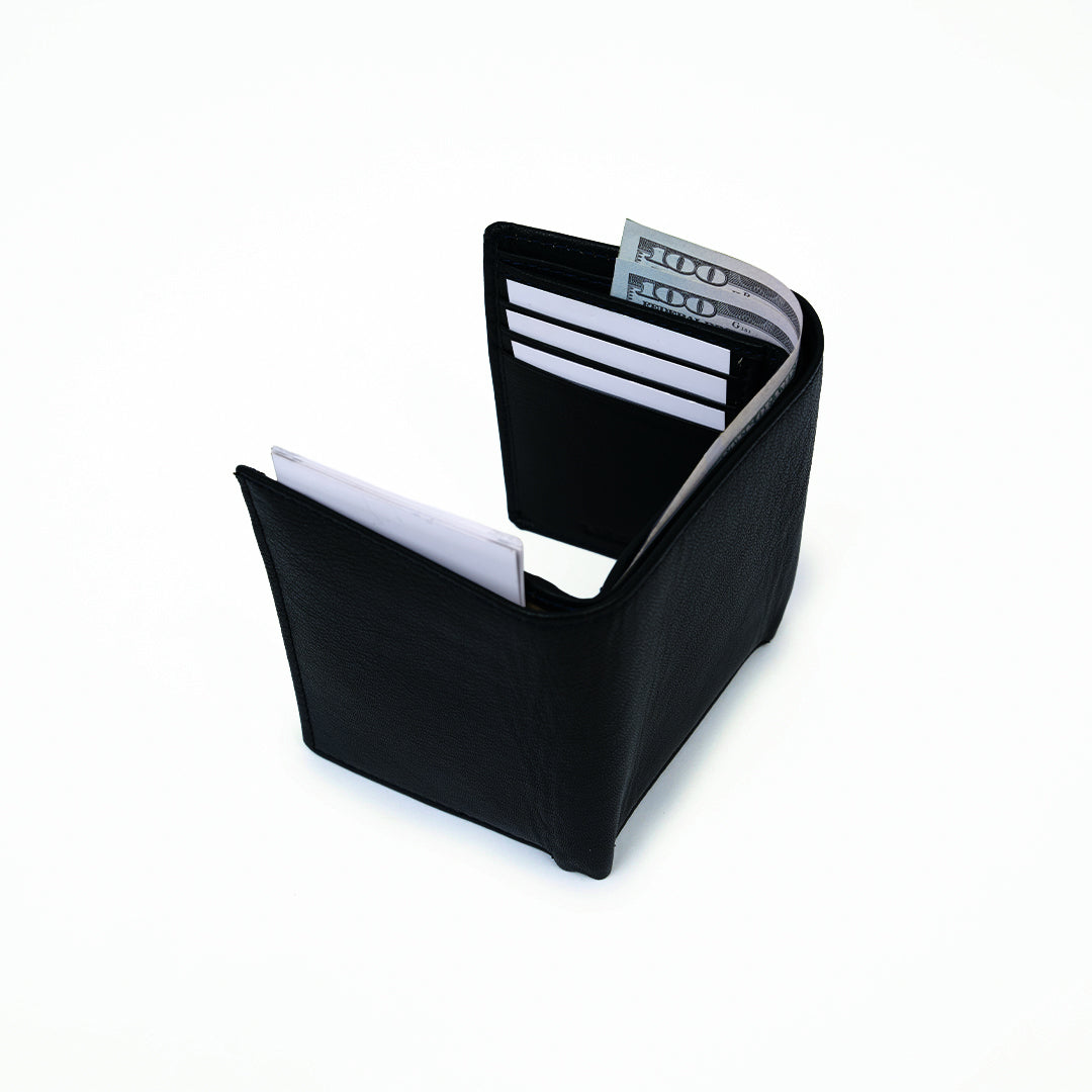 Genuine Leather RFID Tri Fold Wallet - Black