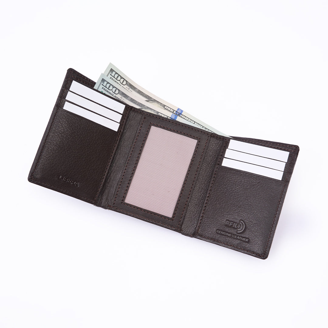 Genuine Leather RFID Tri Fold Wallet - Coffee Brown