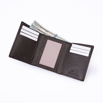 Genuine Leather RFID Tri Fold Wallet - Coffee Brown
