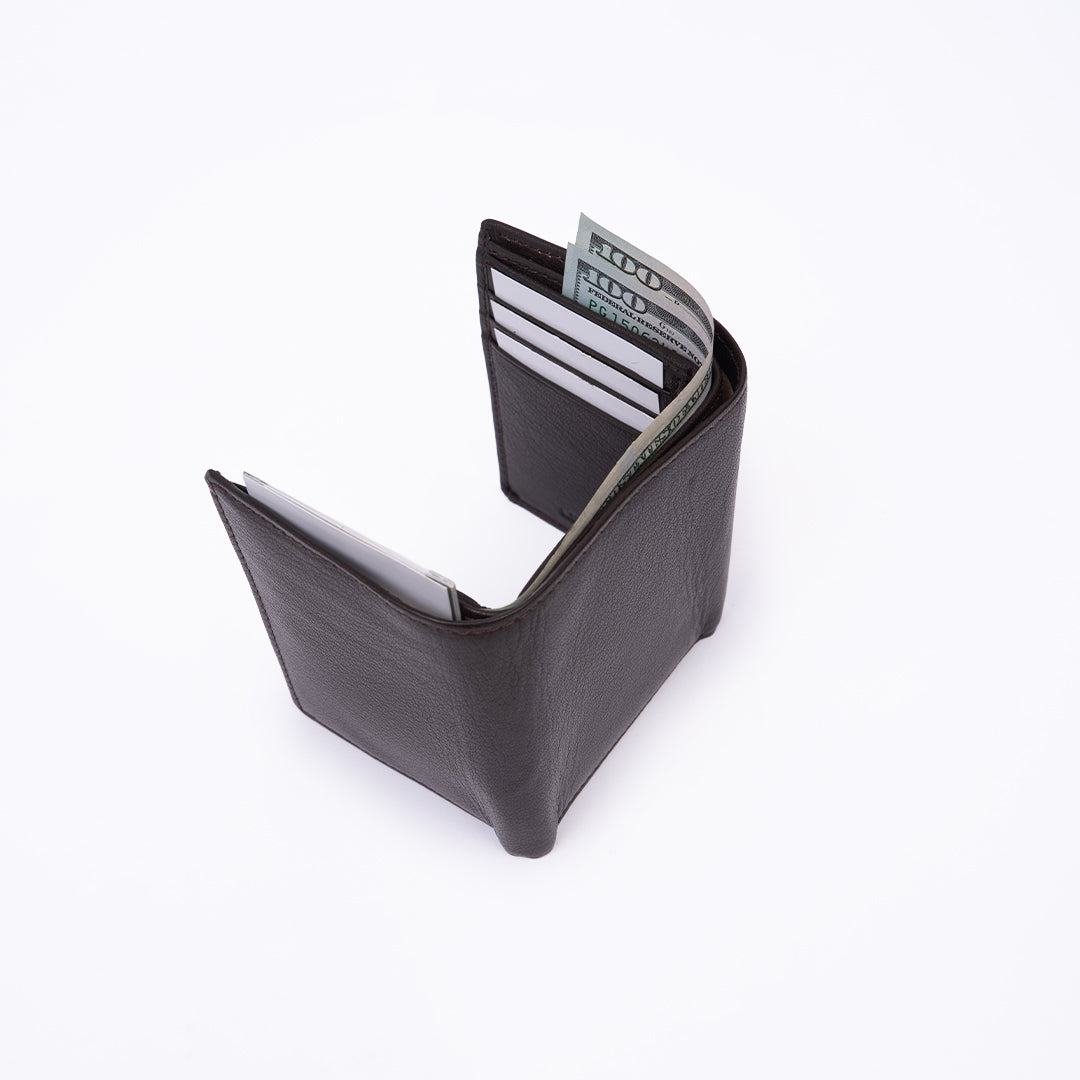 Genuine Leather RFID Tri Fold Wallet - Coffee Brown