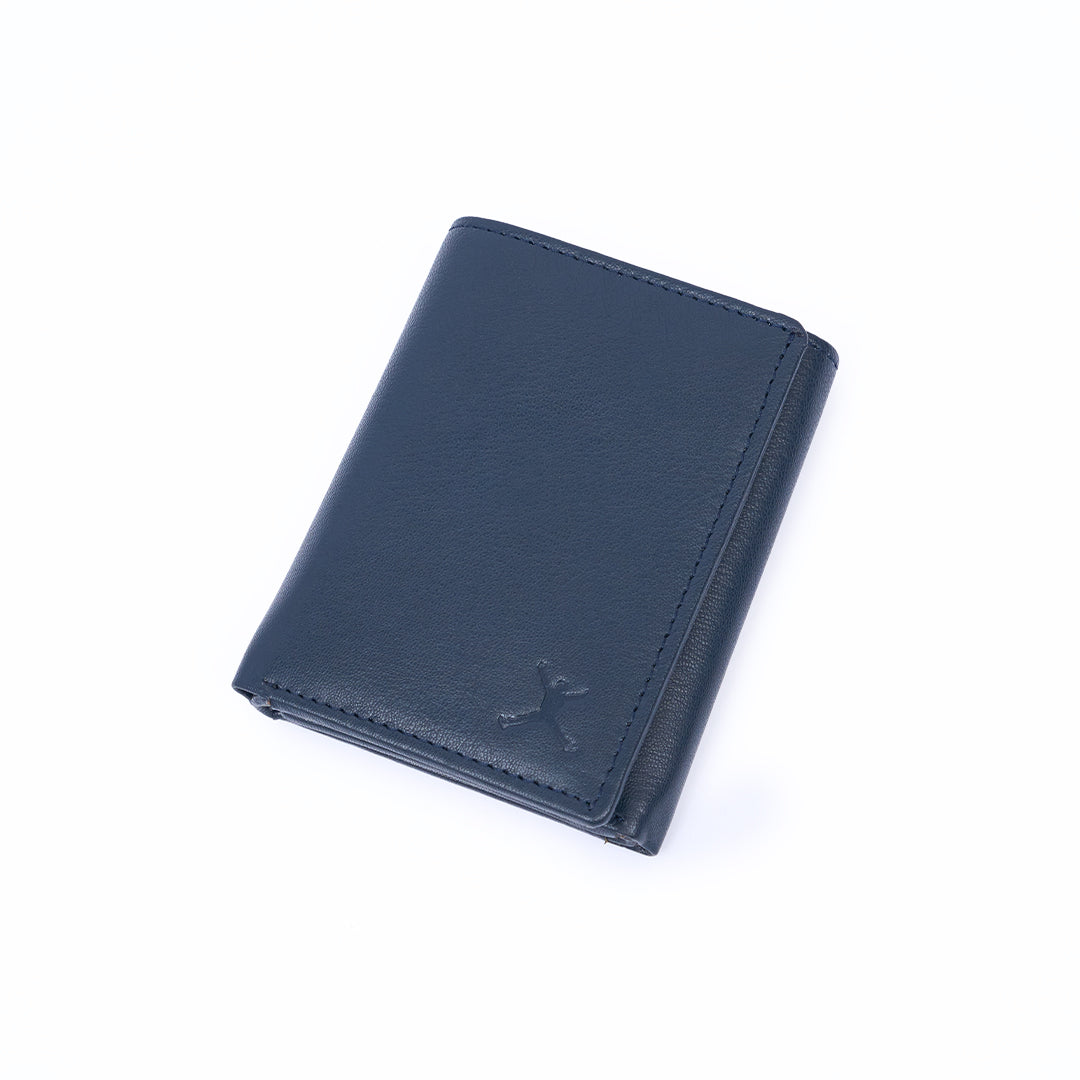 Genuine Leather RFID Tri Fold Wallet - Navy Blue